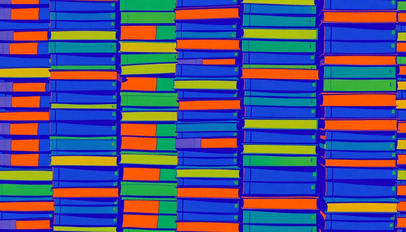 A bold, colorful silkscreen-style illustration featuring a repeating pattern of stacked textbooks in bright, vibrant hues, conceptually representing the impact of educational scholarships funded through tax credits.