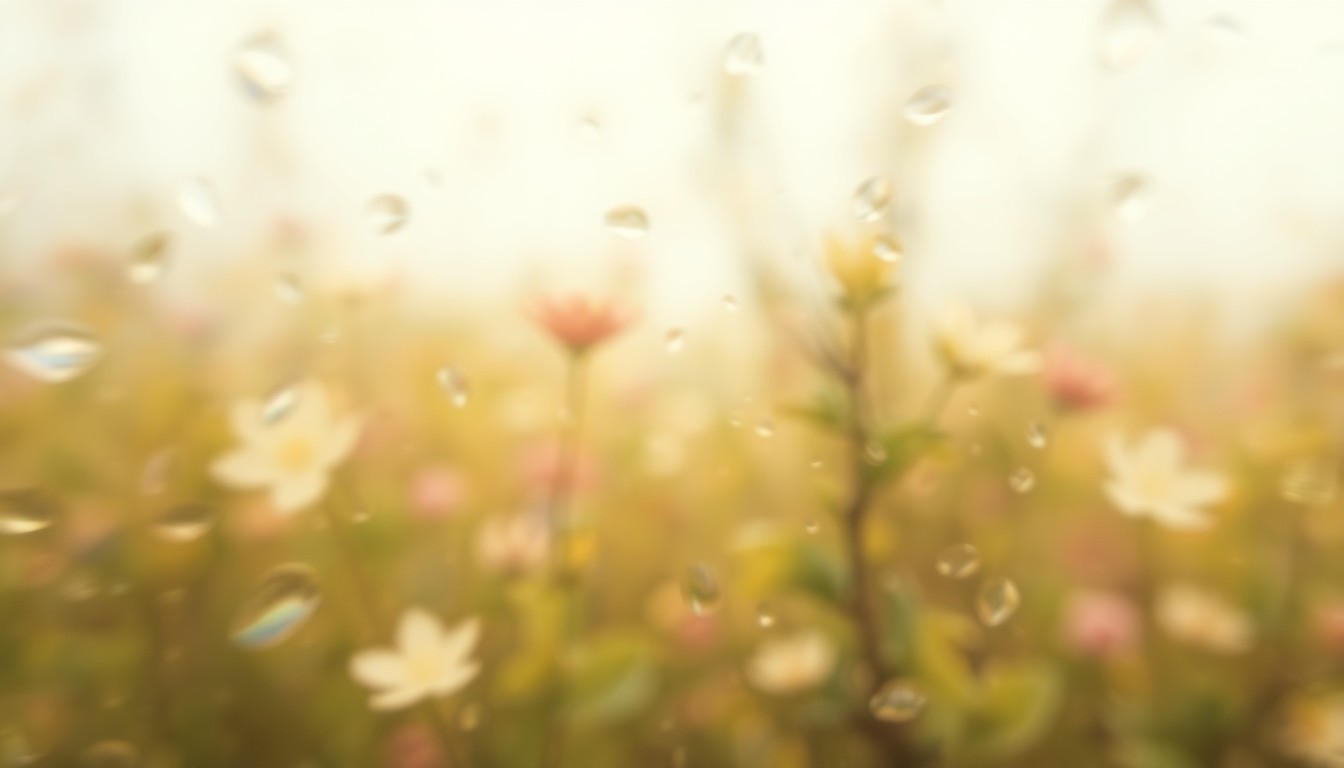 An extremely abstract, out-of-focus photograph showing a blurred, hazy scene of vibrant green leaves and flowers in soft, warm tones, conceptually representing the beauty and nuisance of Atlanta's springtime pollen.
