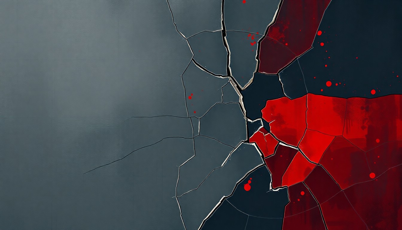 A dynamic, fragmented painting depicting the jagged, overlapping forms of a cracked oil barrel in muted shades of grey, blue, and red, conveying the volatility and uncertainty surrounding energy markets due to the ongoing conflict.
