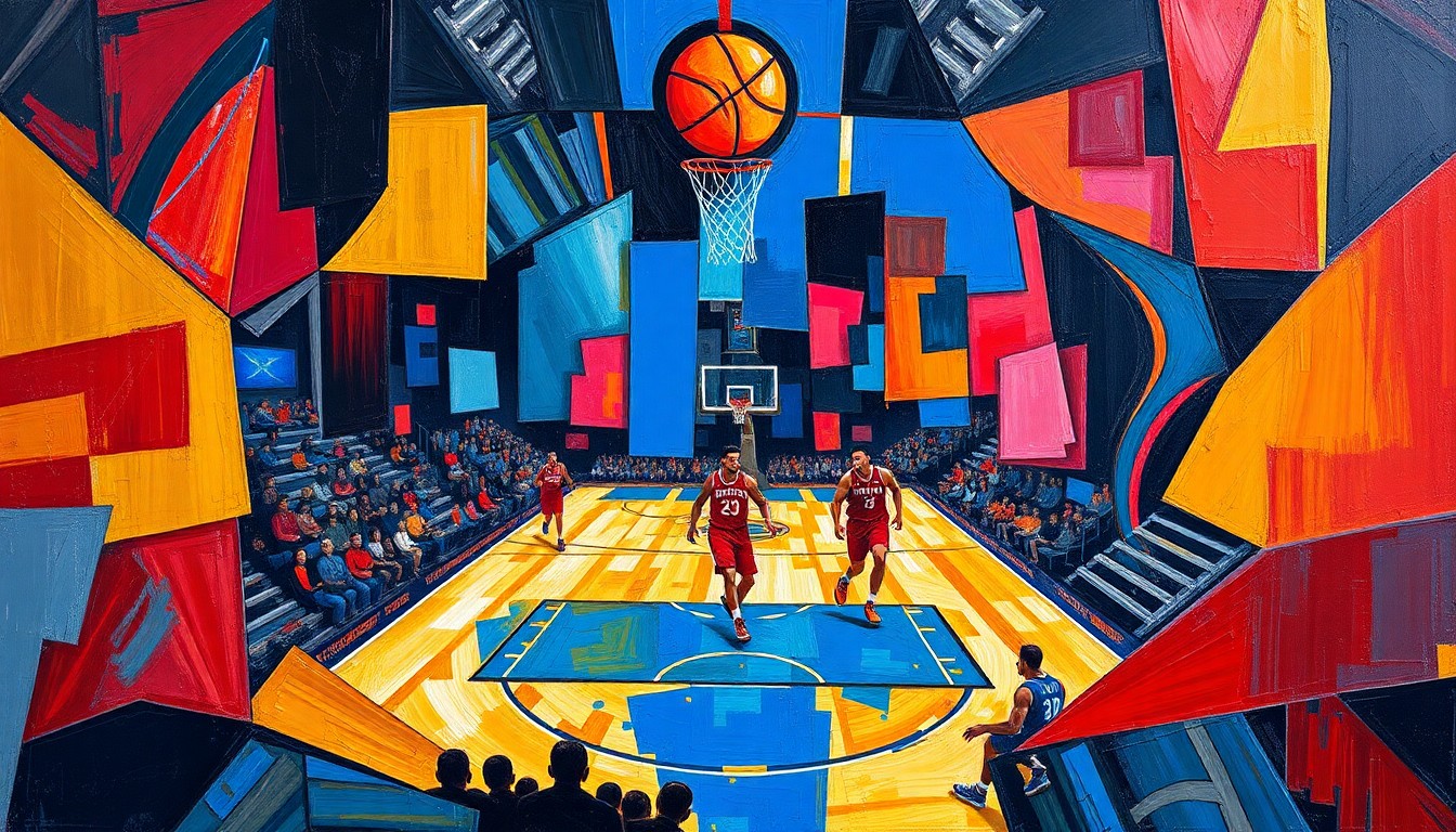 A fractured, geometric painting in bold colors depicting the energy and movement of a basketball game or competition, with no recognizable figures or logos.