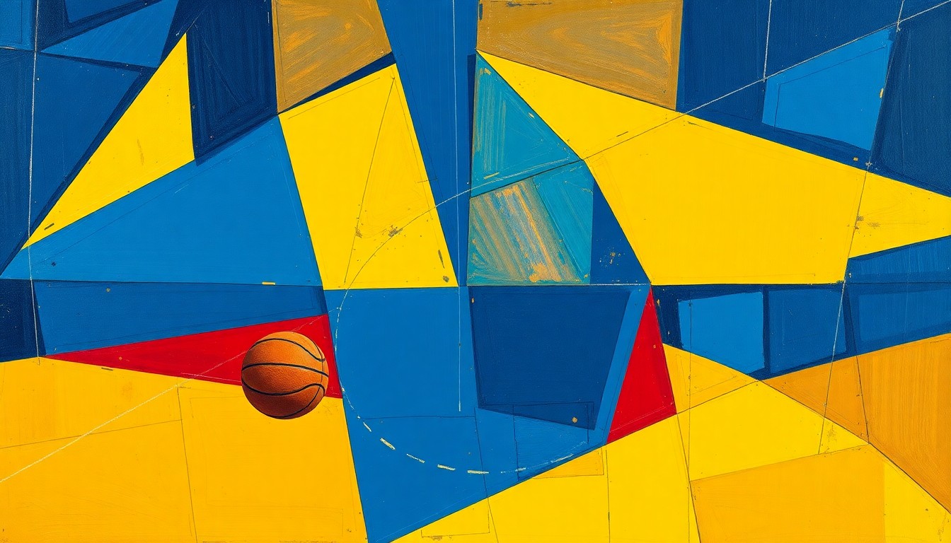 A fractured, cubist-style painting depicting the dynamic movements and energy of a basketball game, with sharp geometric shapes and planes in a vibrant color palette representing the excitement of Curry's anticipated return.