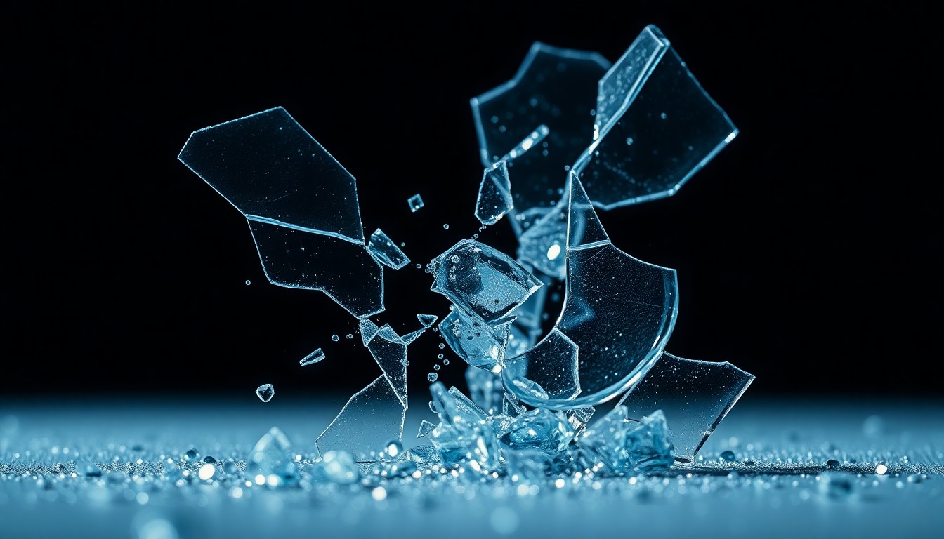 An abstract close-up image of shattered glass and glittering sequins, captured in dramatic high-contrast studio lighting to convey the fragility of mental health and the need for compassion.