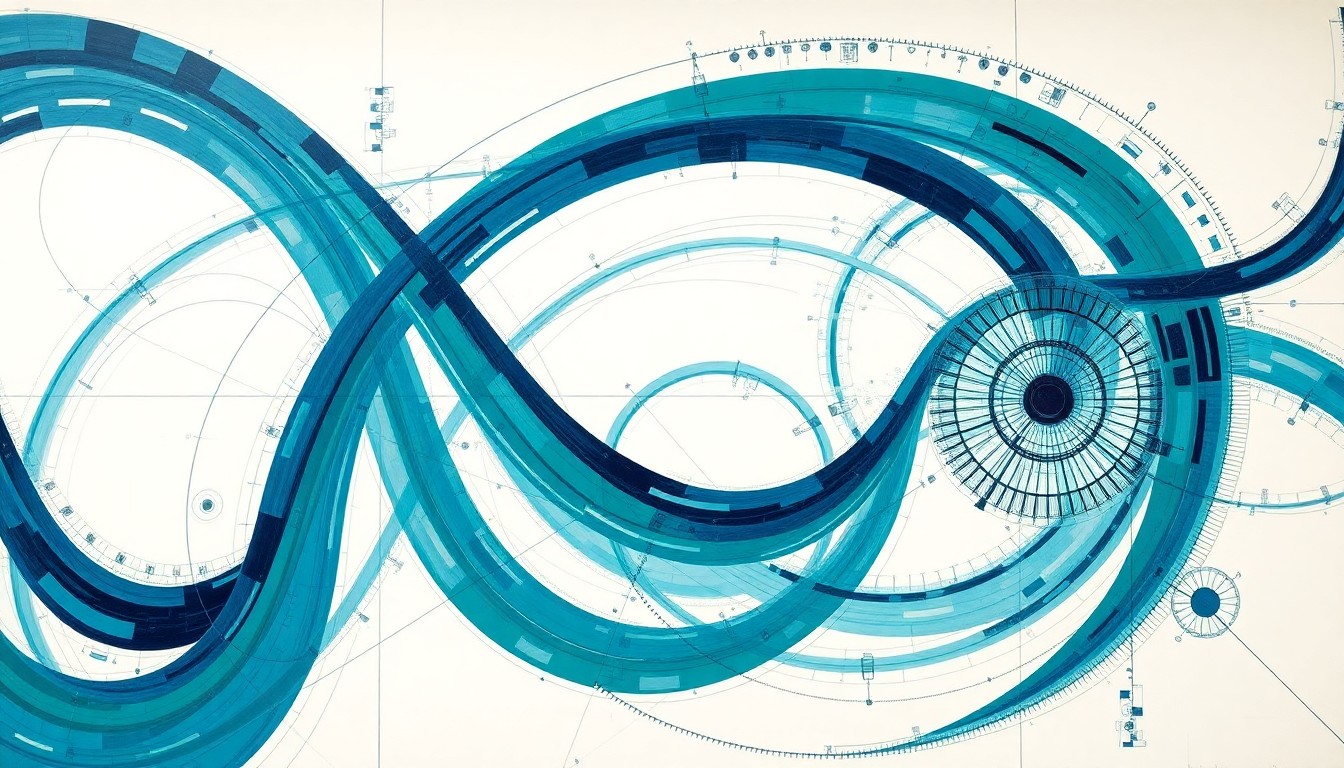 A bold, abstract painting in cool tones featuring sweeping geometric shapes, intersecting waveforms, and precise mechanical spirals, conceptually representing the complex technical challenges faced by student robotics teams.