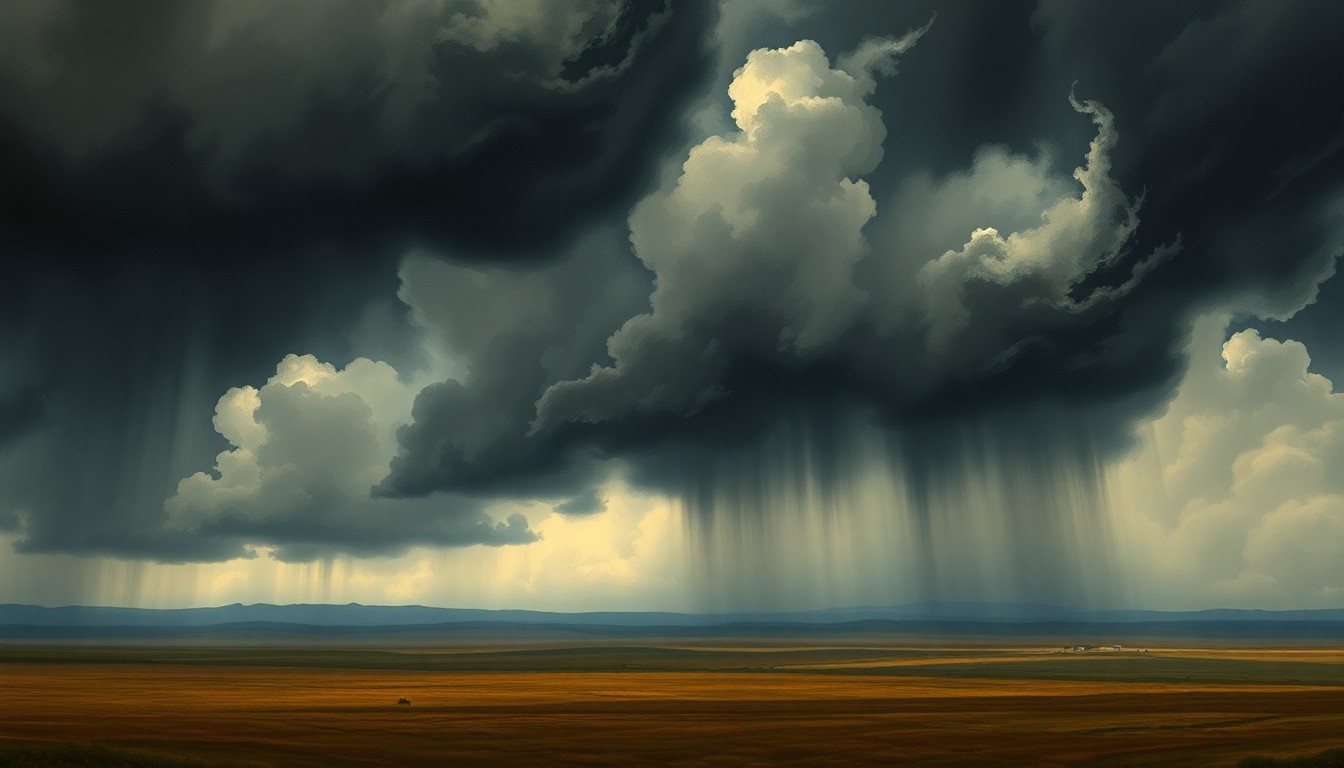 A sweeping, atmospheric landscape painting in muted tones of gray, blue, and green, with a dramatic, stormy sky dominating the scene and obscuring the horizon, conveying the overwhelming power of an impending severe weather event.