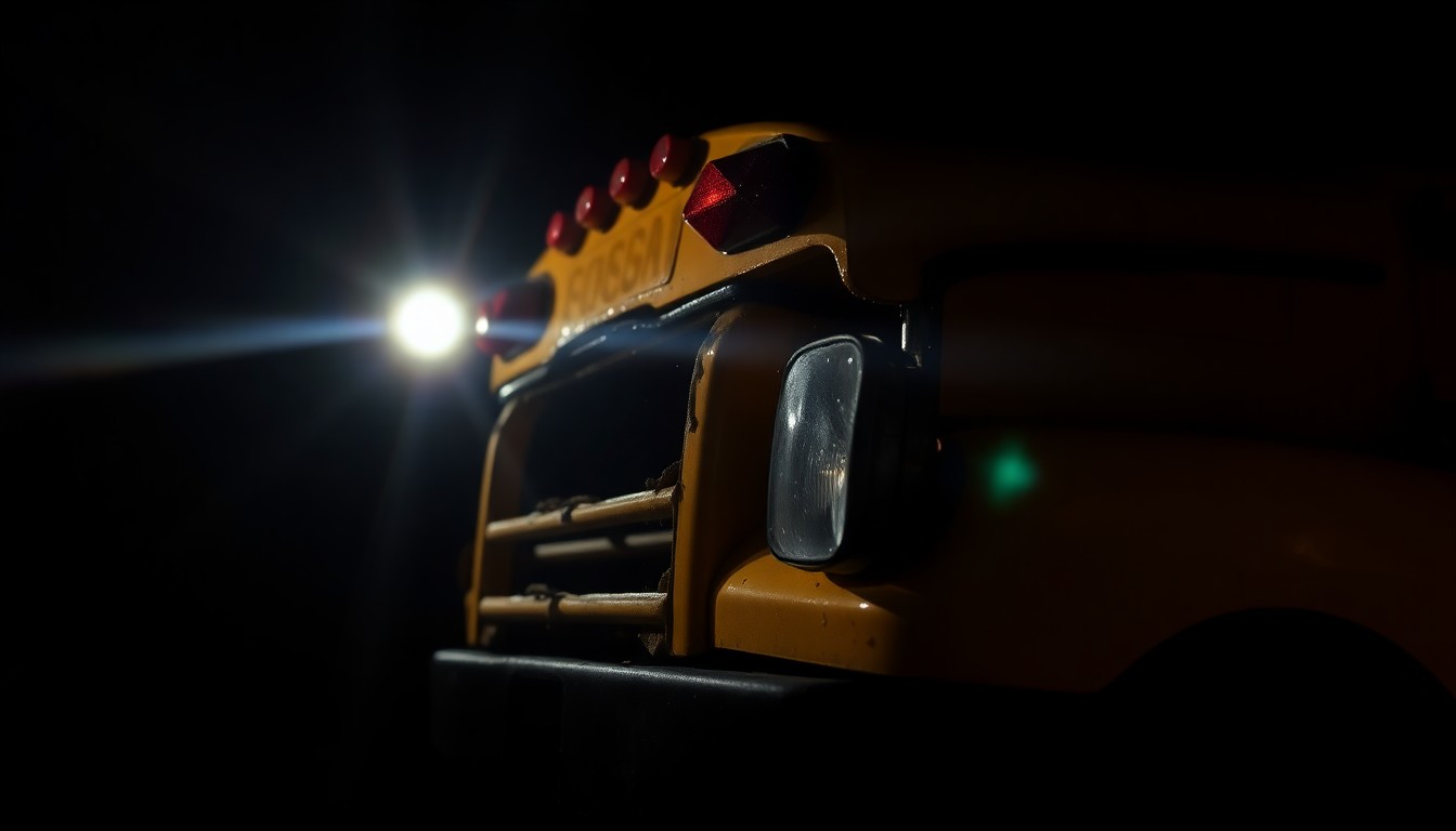 An extreme close-up photograph of a damaged school bus part or piece of evidence from the crash site, lit by a harsh, direct camera flash against a pitch-black background, creating a stark, gritty, investigative aesthetic.