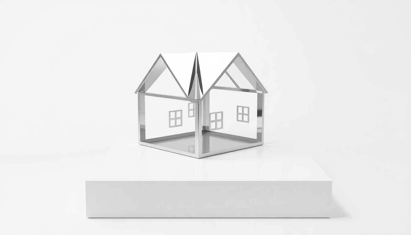 A sleek, minimalist metal sculpture in the shape of a house, resting on a clean white background, symbolizing the initiative's focus on expanding affordable housing and homeownership.