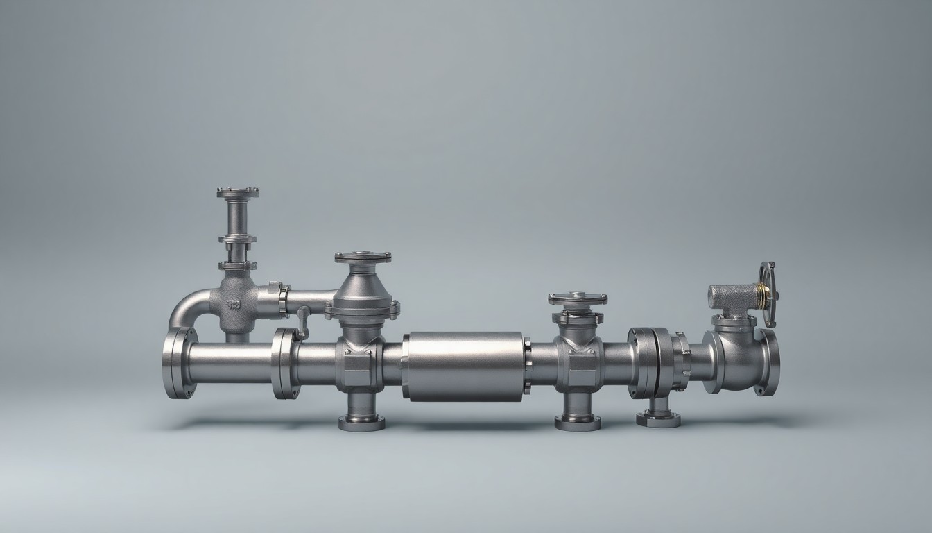 A photorealistic studio still life featuring a series of polished metal pipes and valves arranged on a clean, monochromatic background, conceptually representing the complex water infrastructure required to support shale gas development in the region.