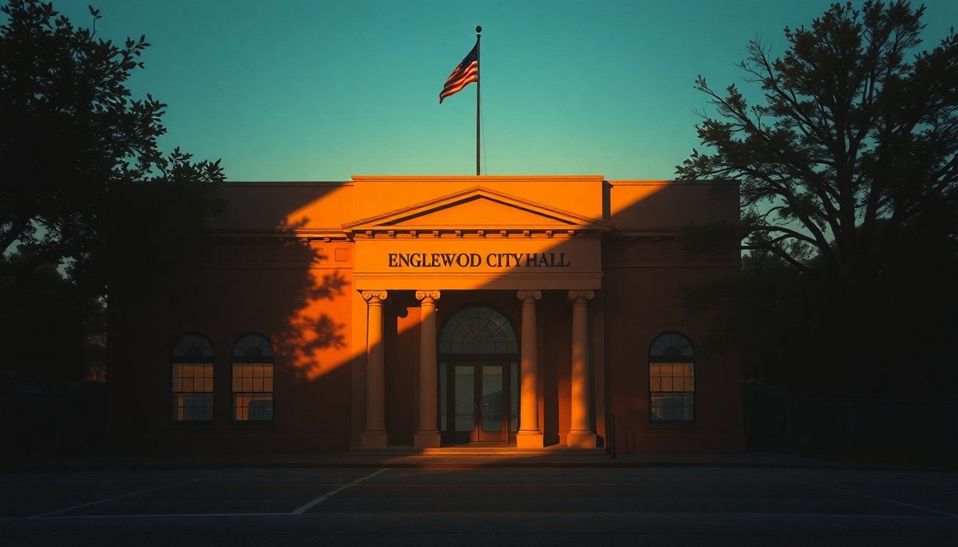 A serene, photorealistic painting of a government building in warm, golden light, capturing the sense of civic pride and history in the community.