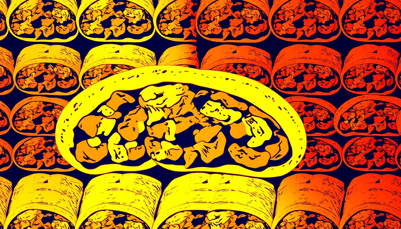 A vibrant, high-contrast silkscreen grid of a single, iconic burrito ingredient like slow-cooked pork or warm tortillas, rendered in a bold, neon color palette that captures the energy and craftsmanship of this local Mexican restaurant specialty.