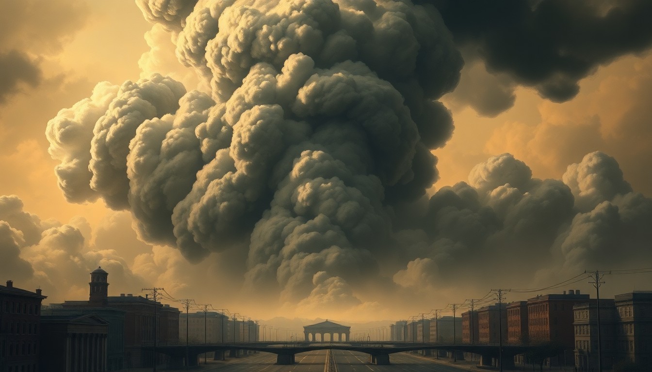 A sweeping, atmospheric landscape painting depicting a massive cloud of dark smoke and vapor rising from a distant intersection, dwarfing the surrounding buildings and conveying the overwhelming scale of the fuel tanker accident.