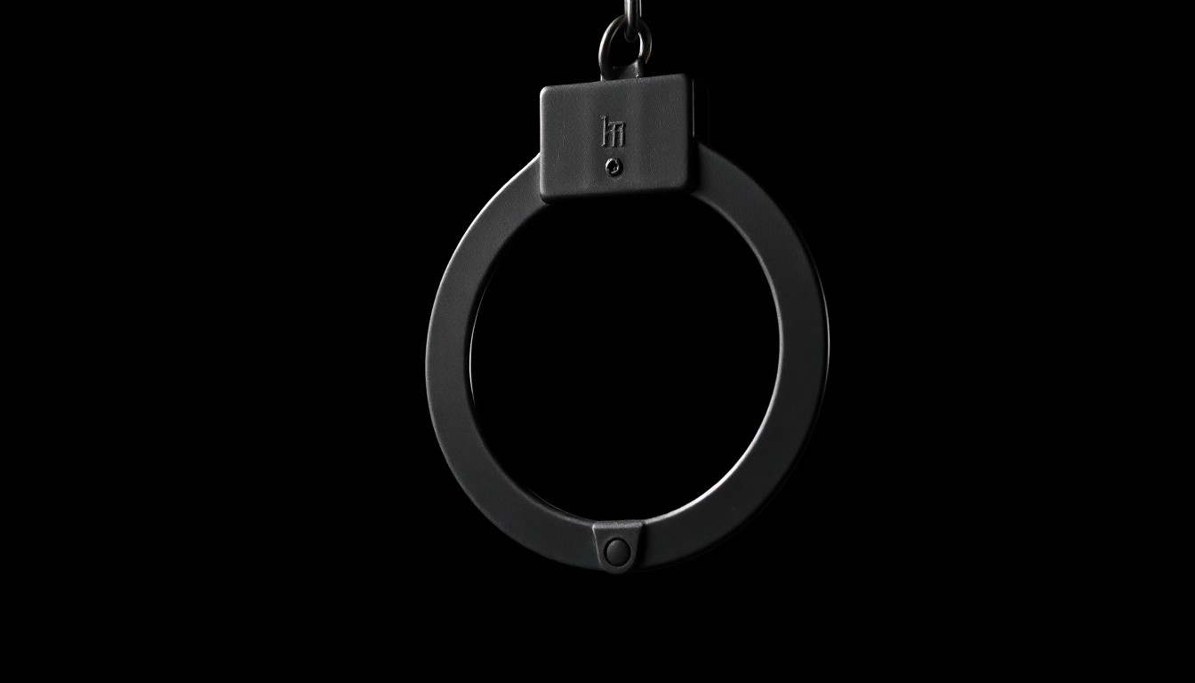 An extreme close-up photograph of a police handcuff against a pitch-black background, lit by a harsh, direct camera flash, conceptually representing the city's use of curfews to address juvenile crime.