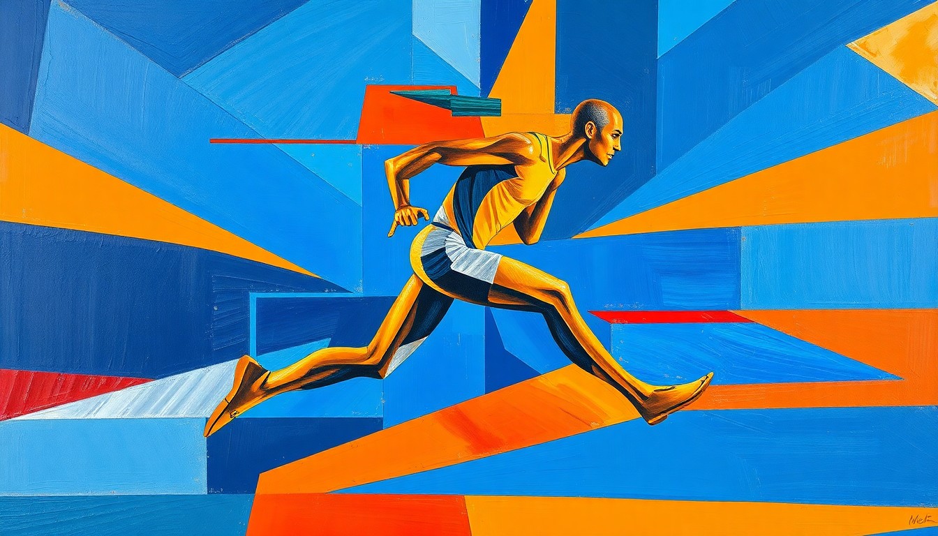 A fragmented, geometric painting depicting a runner's sprint broken down into sharp, overlapping planes of color, conveying the raw energy and athleticism of the sport.
