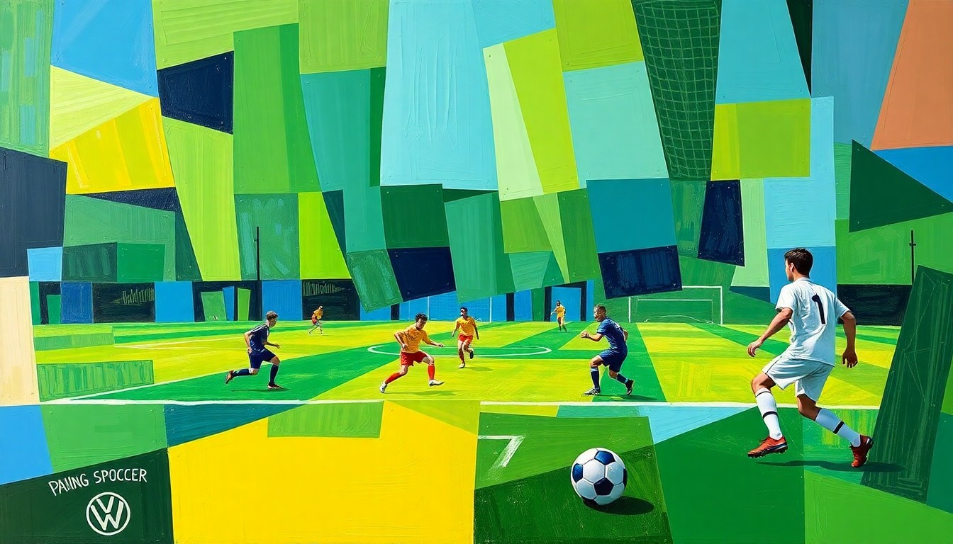 A fragmented, geometric painting in bold colors representing the dynamic action and competitive spirit of a high school soccer match.