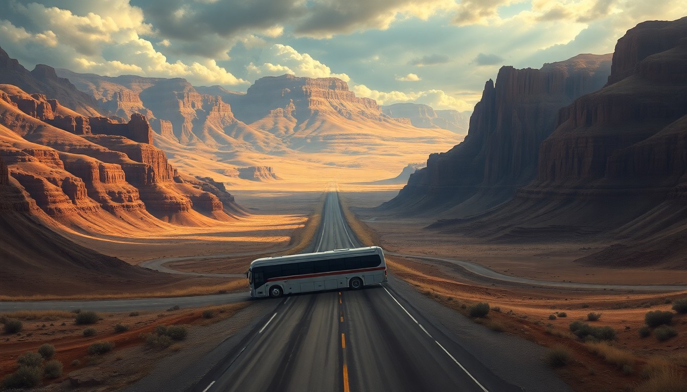 A sweeping, atmospheric landscape painting depicting a lone overturned charter bus on a remote desert highway, dwarfed by the overwhelming scale of the rugged New Mexico terrain surrounding it.