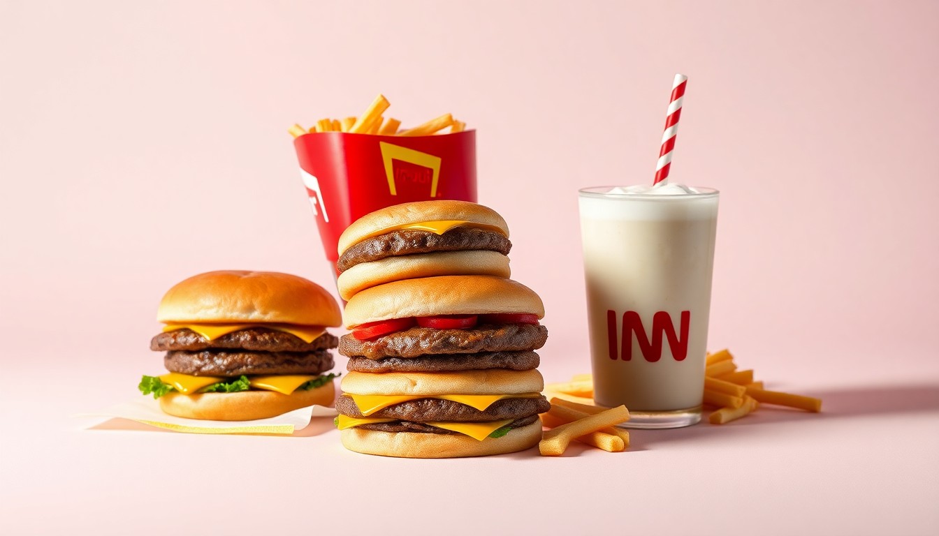 A high-end, photorealistic studio still life featuring a stack of freshly cooked In-N-Out burgers, fries, and a milkshake on a clean, monochromatic background, conceptually representing the premium quality and iconic status of the In-N-Out brand.