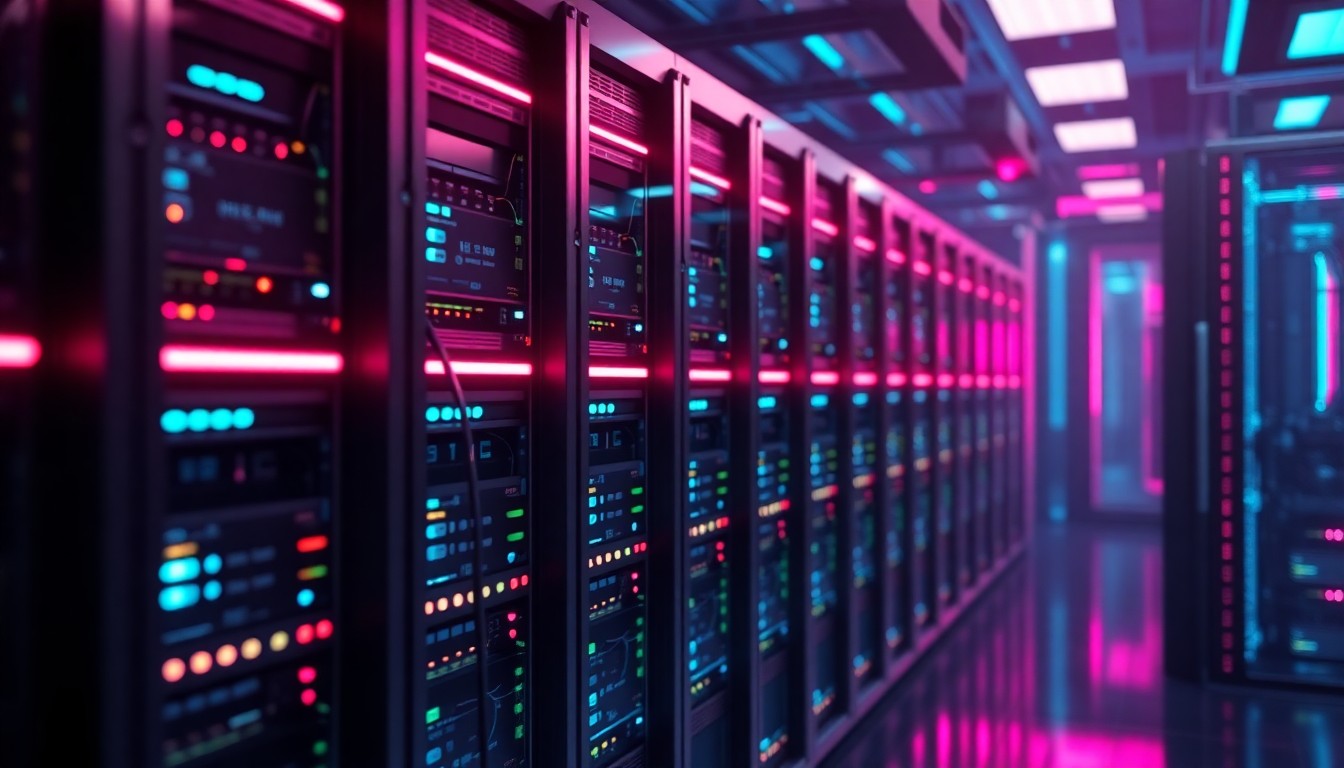 A highly detailed, glowing 3D macro illustration of a futuristic data center server rack, with neon cyan and magenta lights illuminating the complex circuitry and hardware components, conceptually representing the physical technology powering artificial intelligence.