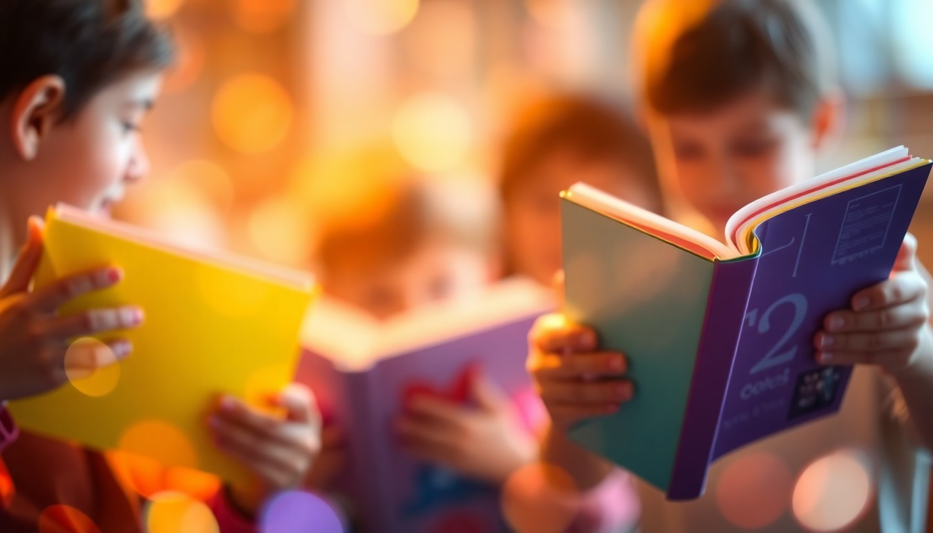 An abstract, impressionistic scene of children's hands holding books, surrounded by soft, blurred pools of warm light and color, conveying a sense of discovery and wonder in the world of reading.