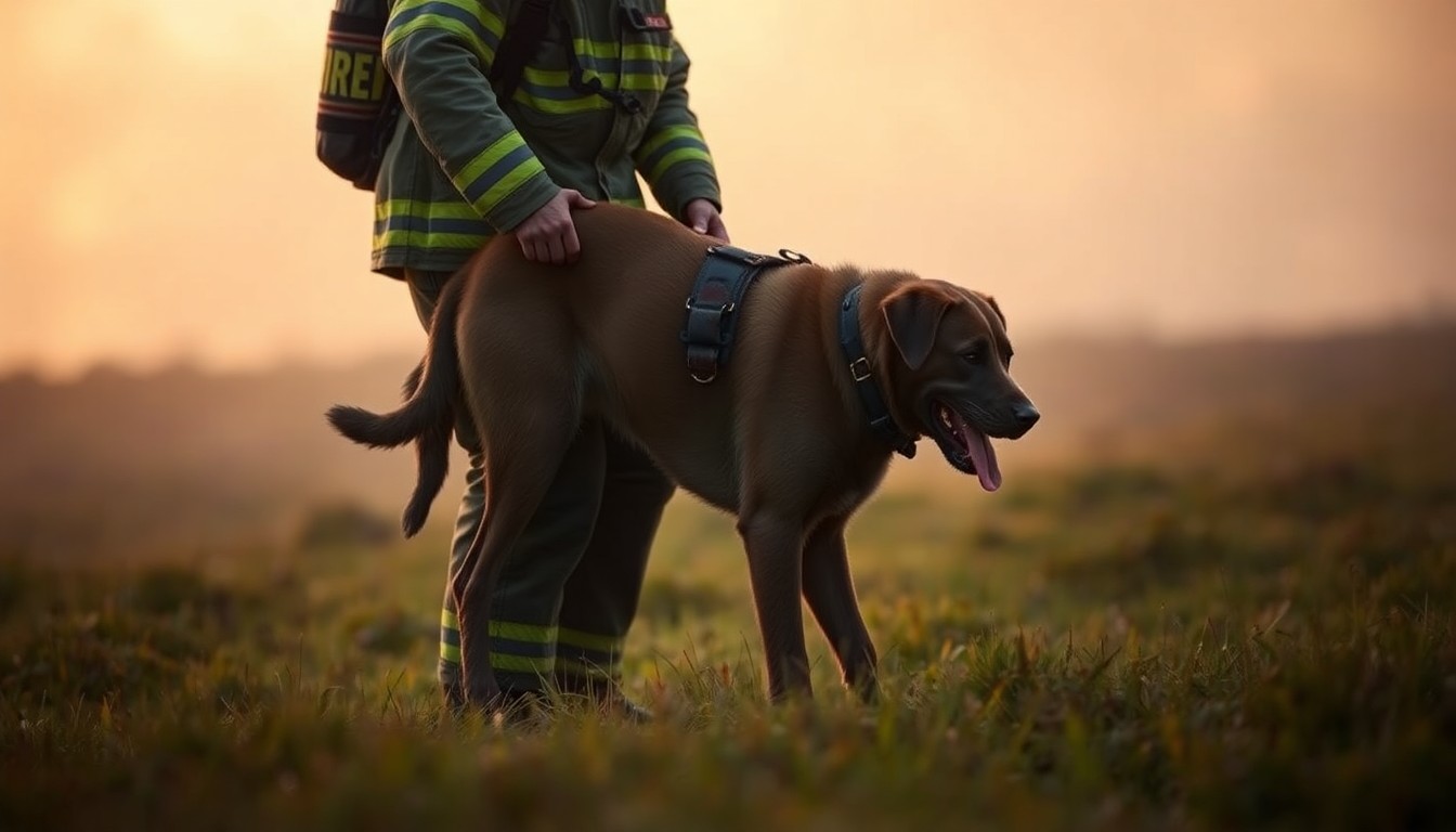 An extremely abstracted, out-of-focus photograph of a firefighter carefully lifting a large, muddy dog from a grassy field, with soft, warm pools of light and color surrounding the scene, conveying the compassion and care of the rescue.