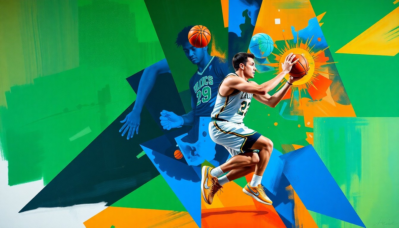 A cubist, geometric painting depicting Jayson Tatum's basketball movements and plays, with sharp, overlapping planes of vibrant green, blue, and orange colors.