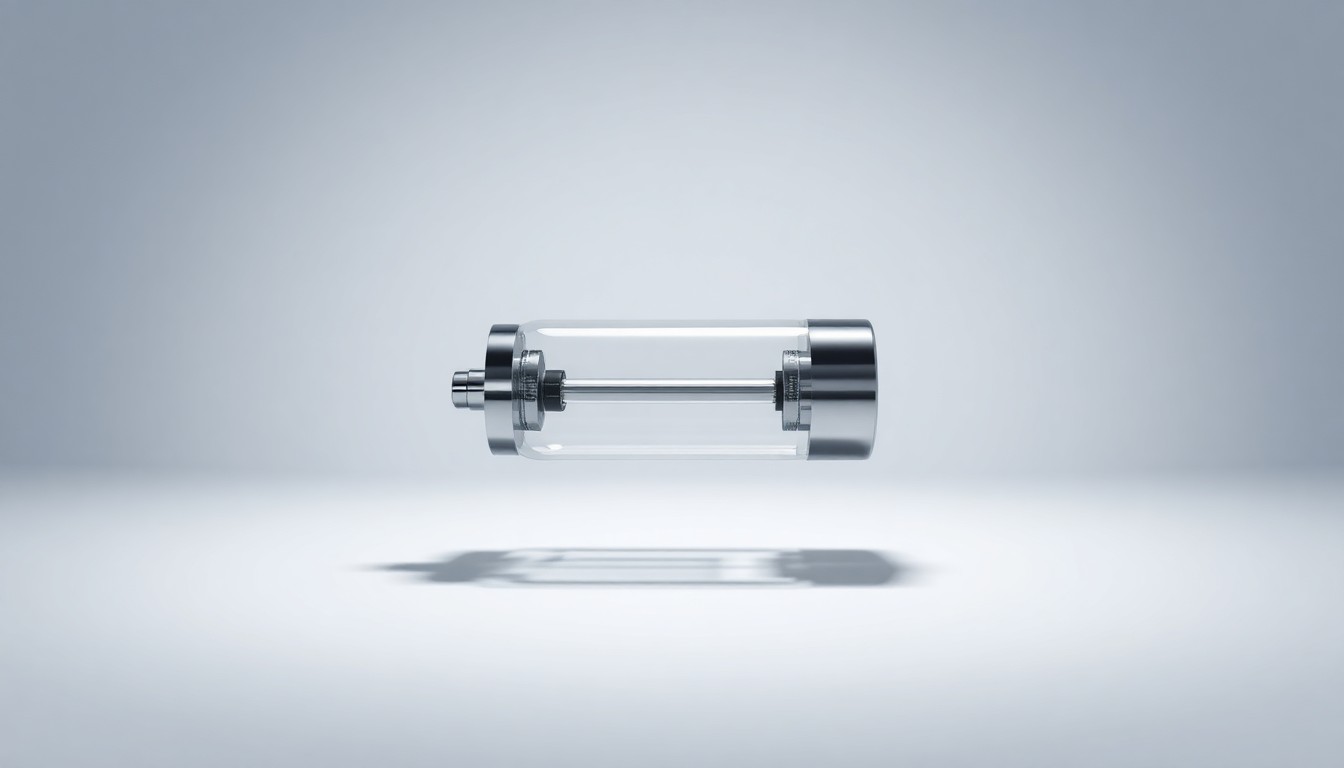 A highly reflective, geometric medical device or pharmaceutical product made of polished metal and glass, floating on a plain white background and dramatically lit to create deep shadows, symbolizing the advanced technology and innovation behind Lifeward's latest acquisition and capital raise.