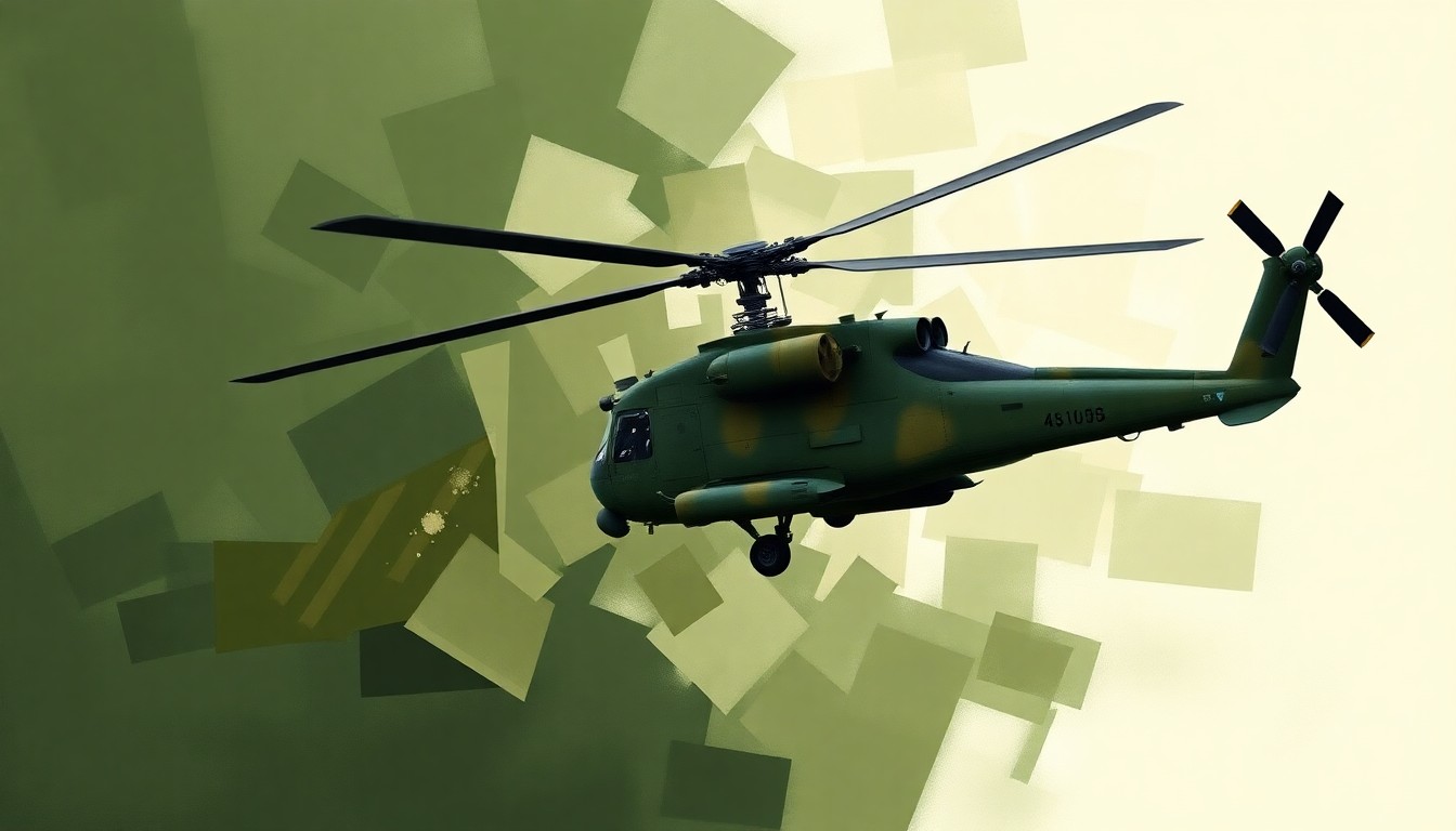 A dynamic, abstract painting of an Apache helicopter in overlapping geometric shapes and brushstrokes, evoking a sense of speed and power.