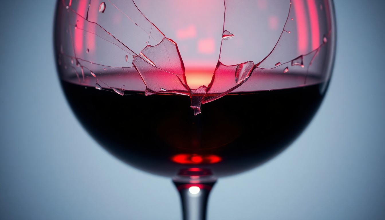 An abstract, high-contrast close-up photograph of shattered glass reflecting a faint red light, conveying a sense of luxury, celebrity, and the fragility of cultural icons.