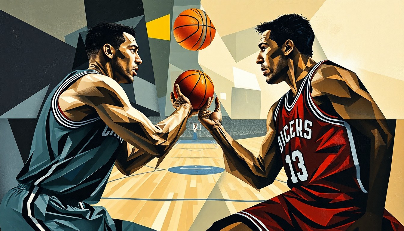 A fractured, cubist-style painting depicting the dynamic motion and energy of a basketball game, with the players' forms broken down into sharp, overlapping geometric shapes and planes of color.