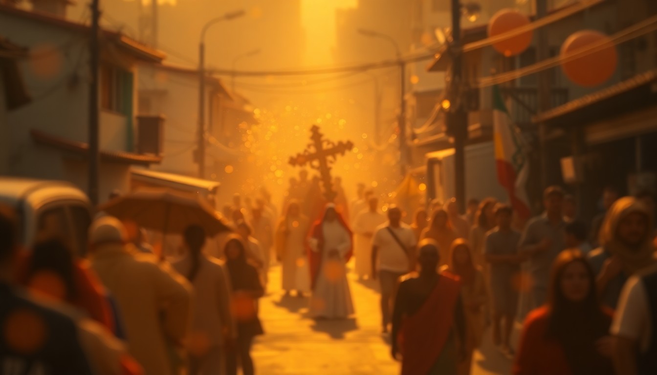 An abstract, impressionistic scene of a religious procession moving through a neighborhood, captured in soft, hazy pools of warm light and color.