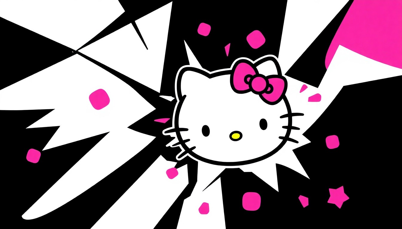 An abstract, minimalist illustration featuring bold, jagged shapes in black, white, and bright pink, conveying the playful and retro-inspired aesthetic of the Hello Kitty x Bruno Mars merchandise collaboration.
