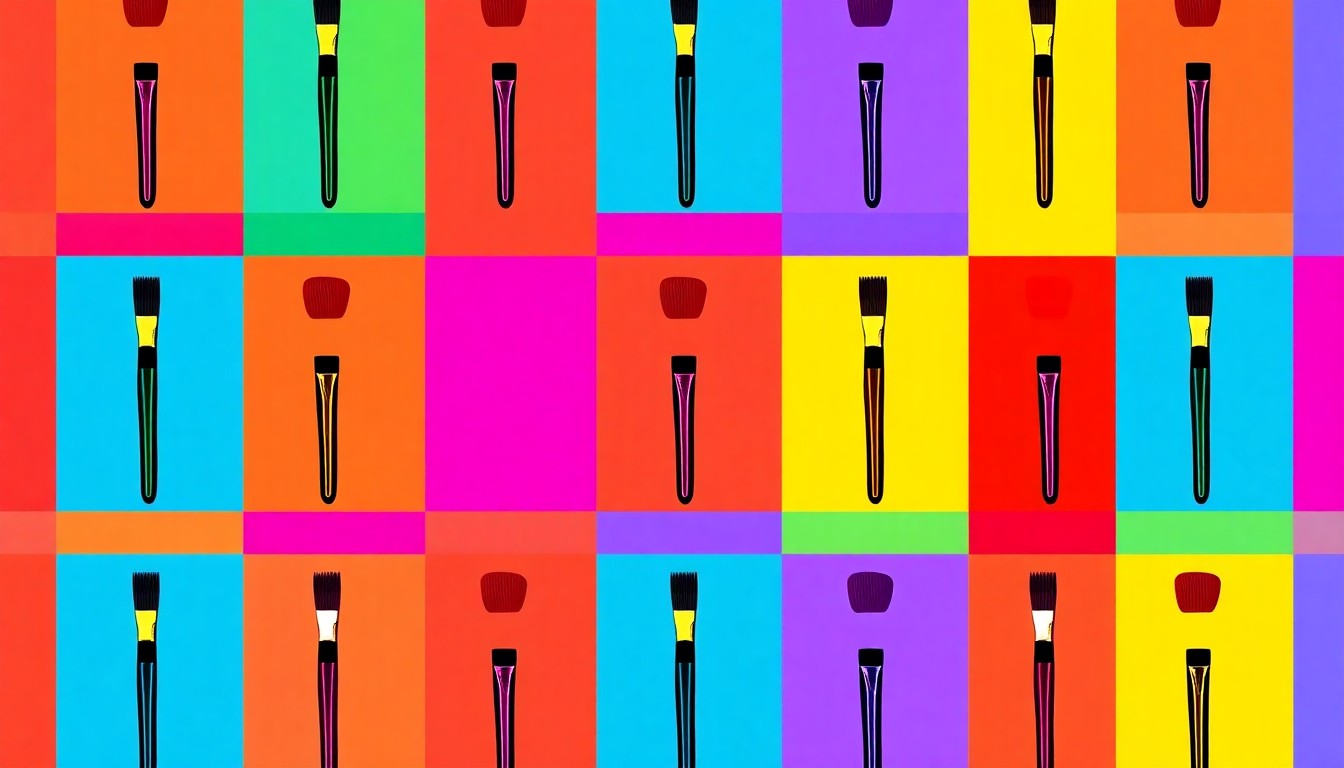 A vibrant, abstract silkscreen illustration featuring a repeating pattern of paintbrushes, palettes, and other artistic tools in a bold, neon color scheme, conceptually representing the creativity and artistic expression showcased in the Congressional Art Competition.