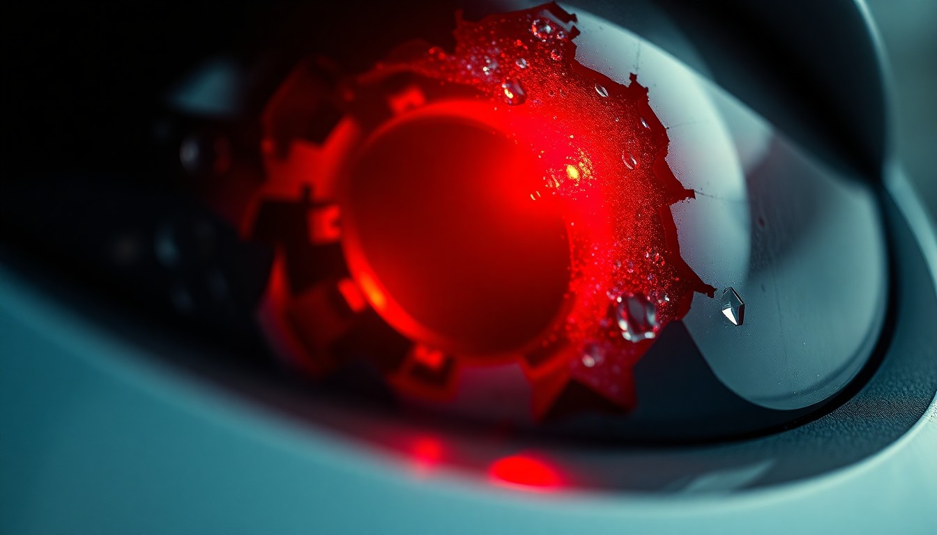An extreme close-up of a shattered car sensor lens reflecting a faint red light, conceptually illustrating the vandalism and violence surrounding the murder of a young Army reservist.