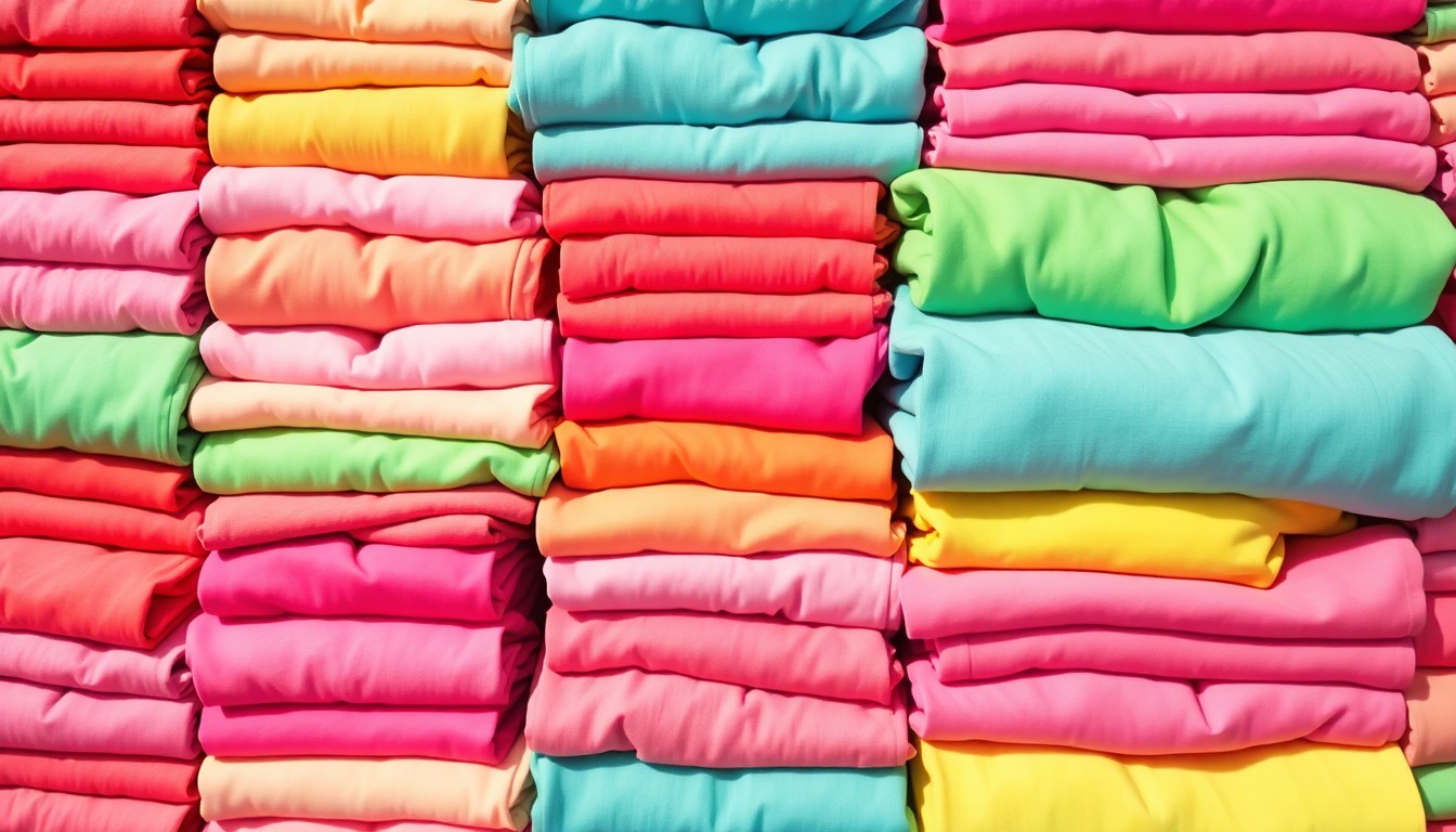 A vibrant, abstract silkscreen print composed of a repeating grid of folded clothing items in pastel shades of pink, blue, and yellow, conceptually representing the act of donating to a thrift store.