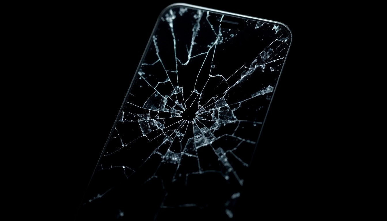 An extreme close-up photograph of a cracked and damaged cell phone screen, conceptually representing the aftermath of a physical altercation without depicting any actual violence.