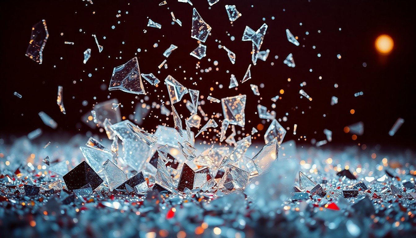 An abstract close-up image featuring shattered glass and glittering sequins in high-contrast lighting, conceptually representing the divisive reaction to Ye's controversial comeback performance.