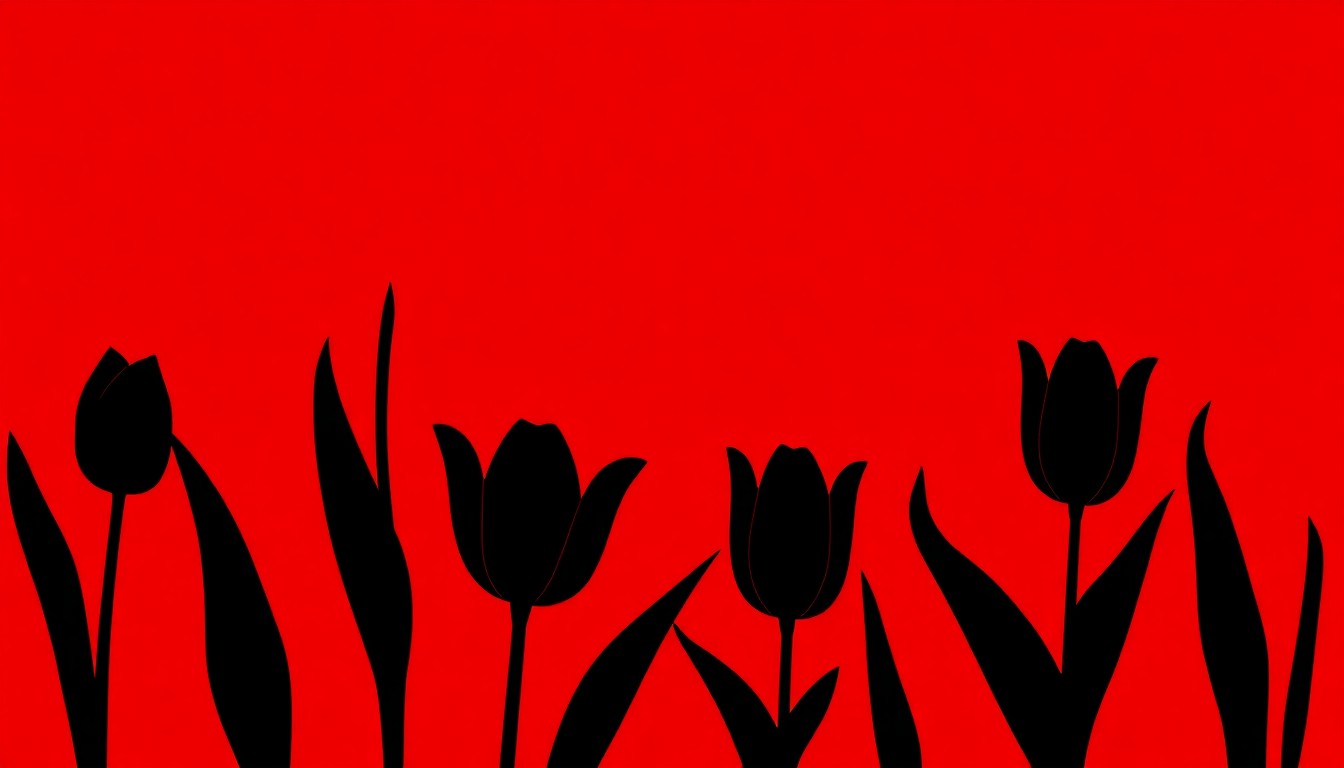 A striking abstract illustration featuring jagged black tulip shapes in various angles and configurations, set against a deep crimson red background, conceptually representing the unique floral display at the Schenck Mansion.