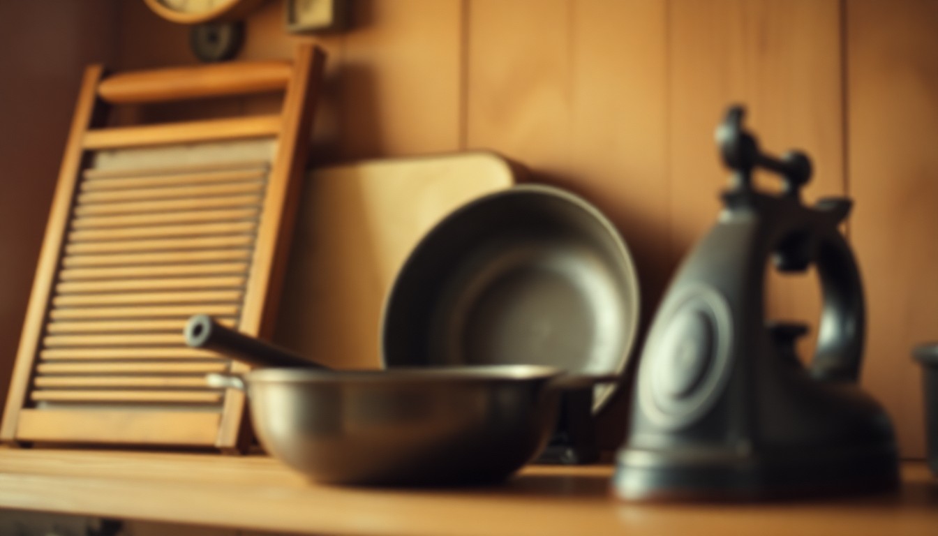 An abstract, impressionistic photograph in soft, warm tones depicting blurred, out-of-focus vintage household objects like a washboard, cast iron pan, and old-fashioned iron, conceptually representing the domestic tasks of the past.