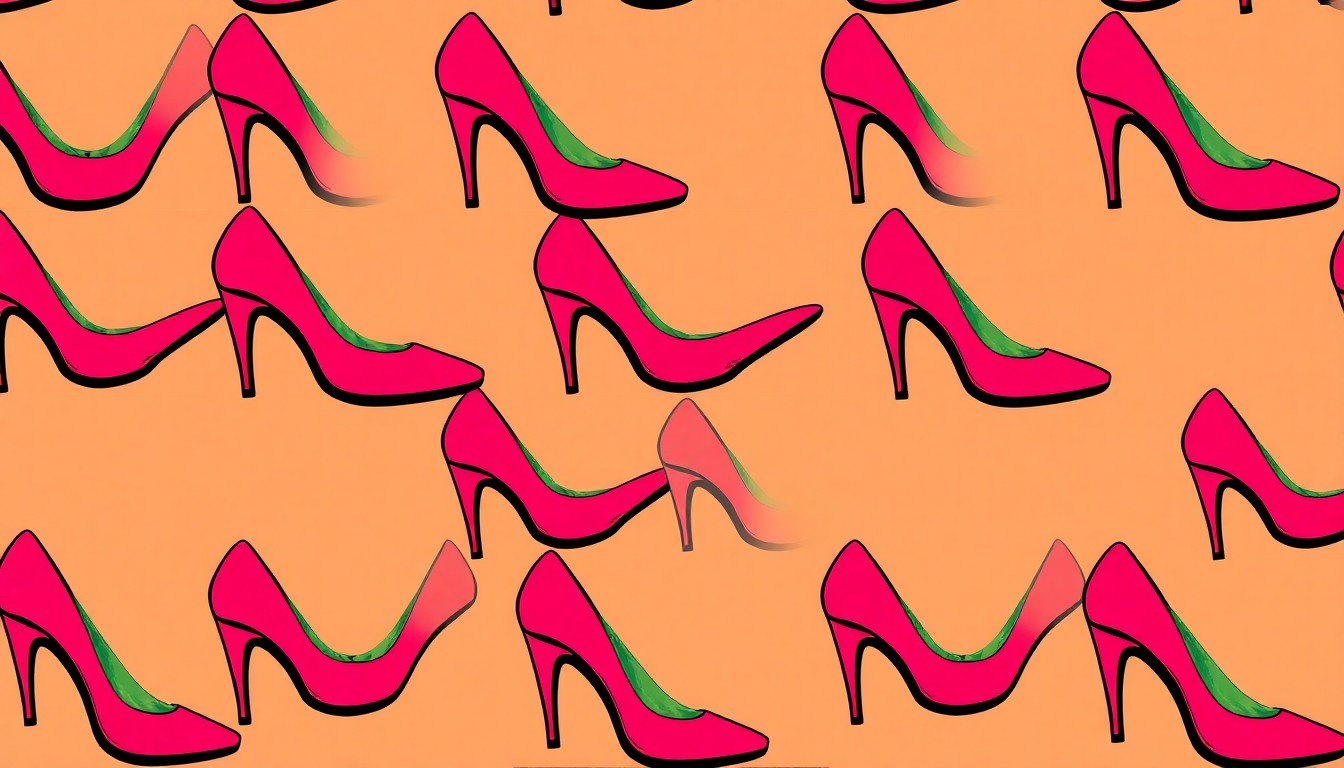 A brightly colored, high-contrast silkscreen print of a single, iconic stripper's high heel shoe repeated in a tight grid pattern, capturing the pop art spirit of Mary's Club and its dancers.