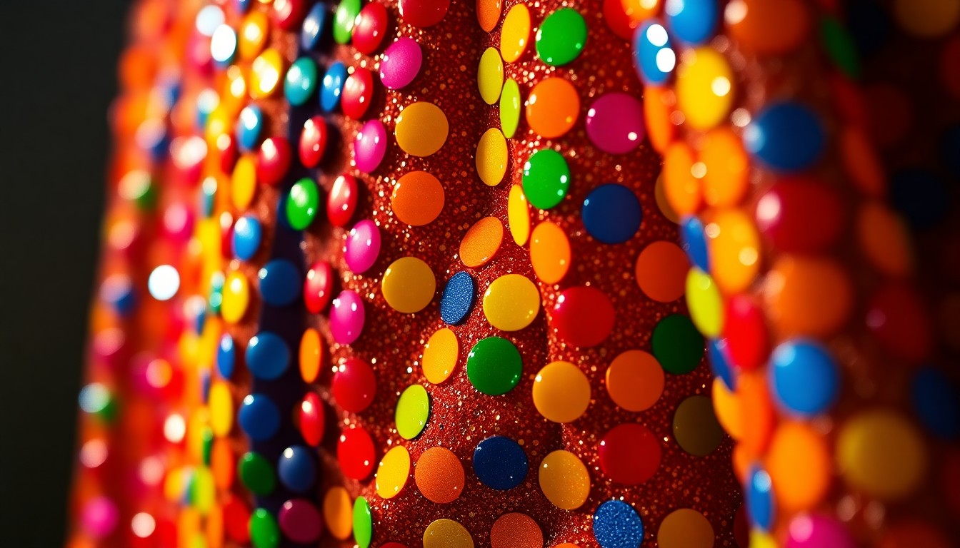 An extreme close-up photograph of a vibrant, textured costume covered in bold polka dots, using dramatic studio lighting to create a high-contrast, glamorous aesthetic that conceptually represents the visual style of the experimental Quebec math rock duo Angine de Poitrine.
