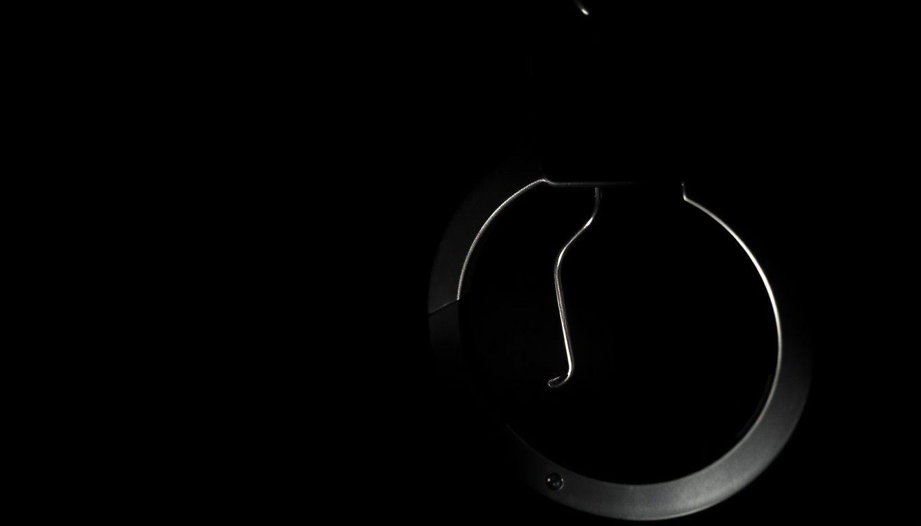 An extreme close-up photograph of a police badge or handcuffs lit by a harsh, direct camera flash against a pitch-black background, conceptually representing the investigative nature of modern policing and the need for officer wellness initiatives.