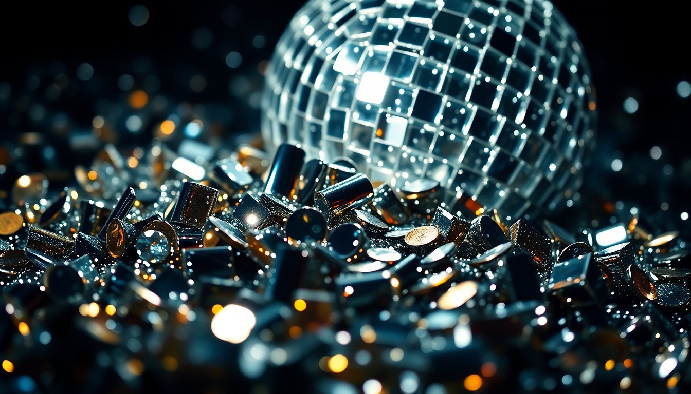 An extreme close-up photograph of shimmering sequins and glittering disco ball fragments, bathed in dramatic high-contrast studio lighting to create a luxurious, high-fashion aesthetic, conceptually representing the glamour and celebration of a musical performance.