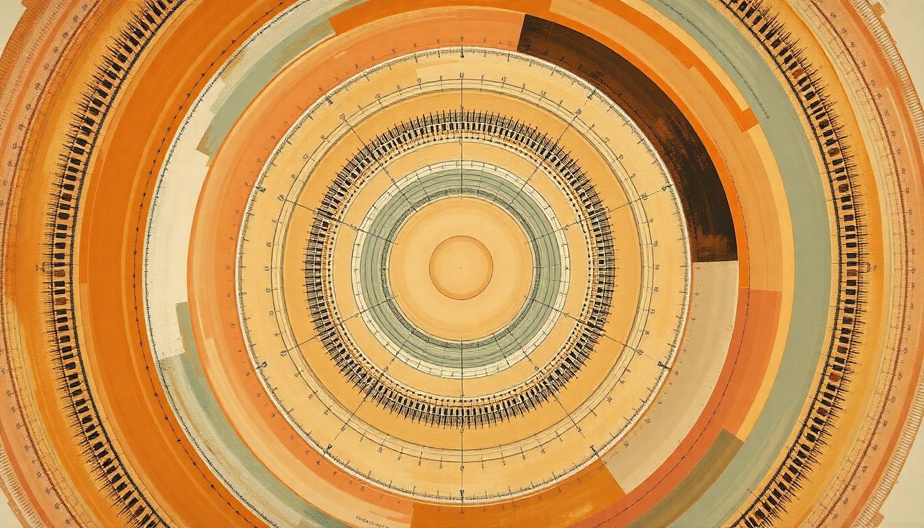 A highly structured abstract painting in earthy tones, featuring sweeping geometric arcs, concentric circles, and precise botanical spirals, conceptually representing the complex mathematical and spiritual foundations of dice and probability as invented by ancient Native American cultures.