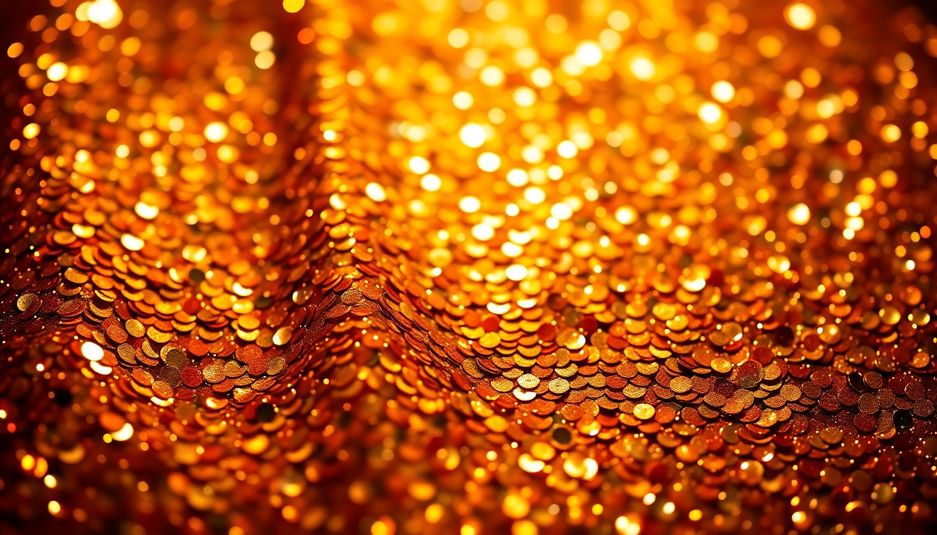 An extreme close-up photograph of a luxurious, glittering sequin texture in warm, metallic tones, capturing the glamour and energy of a live music performance.