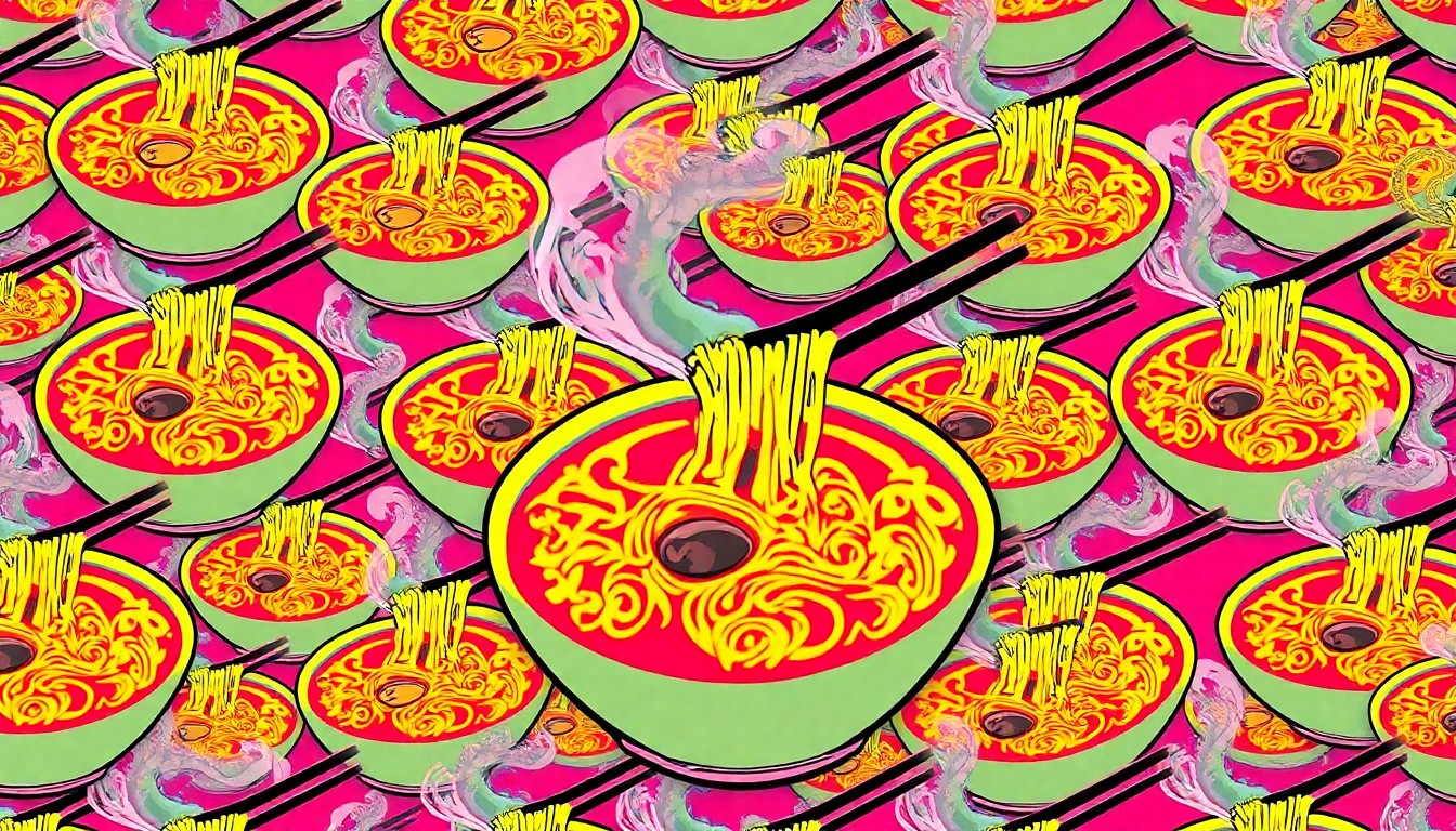 A vibrant, high-contrast silkscreen print featuring a repeating pattern of a steaming bowl of ramen noodles in a grid, conceptually representing the diverse flavors and traditions showcased at the PANDA FEST festival.