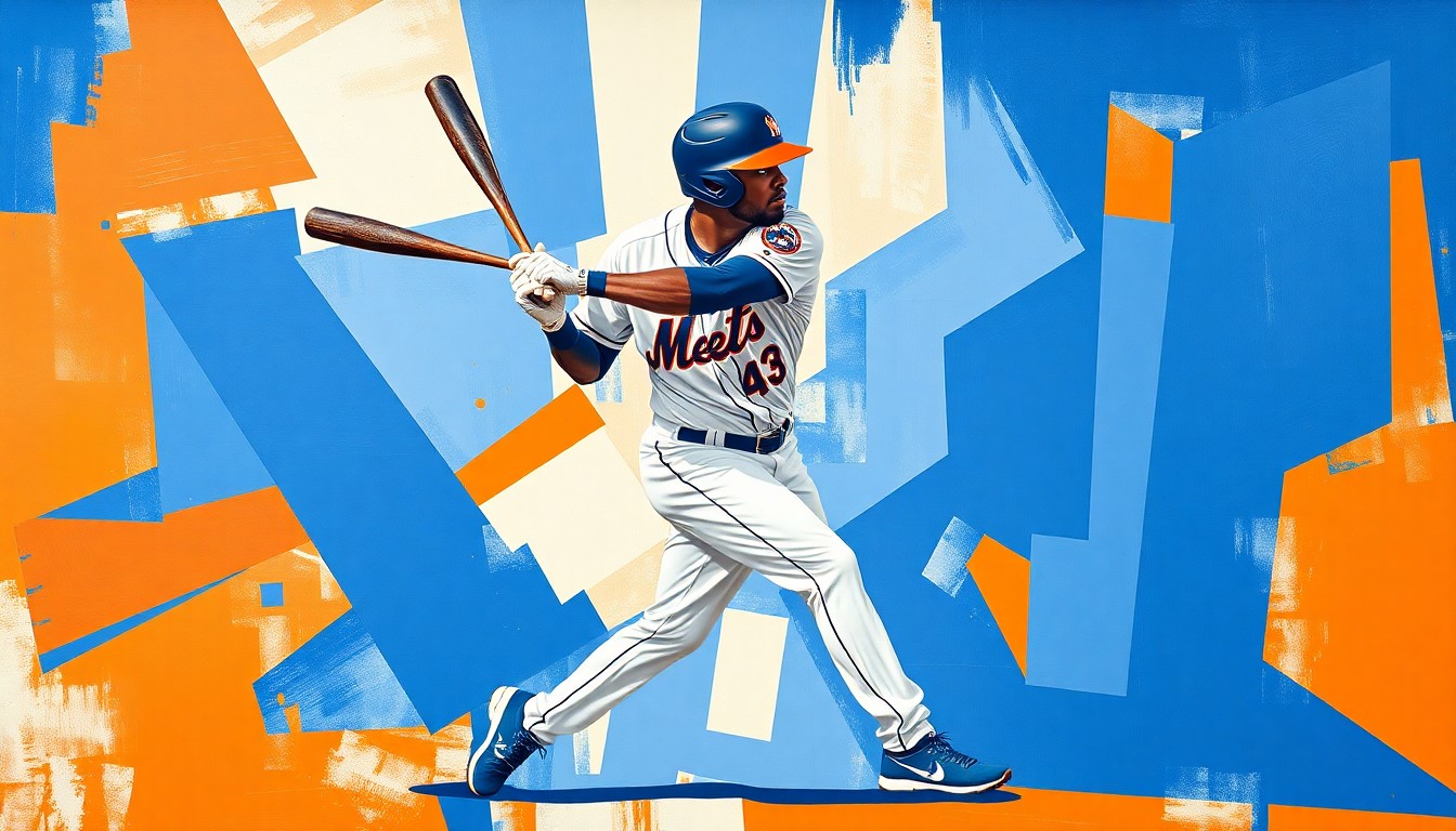 A fractured, cubist-style painting depicting Francisco Lindor's batting stance and swing broken down into overlapping geometric shapes and planes in the Mets' team colors, conceptually representing the shortstop's patient and disciplined approach at the plate.