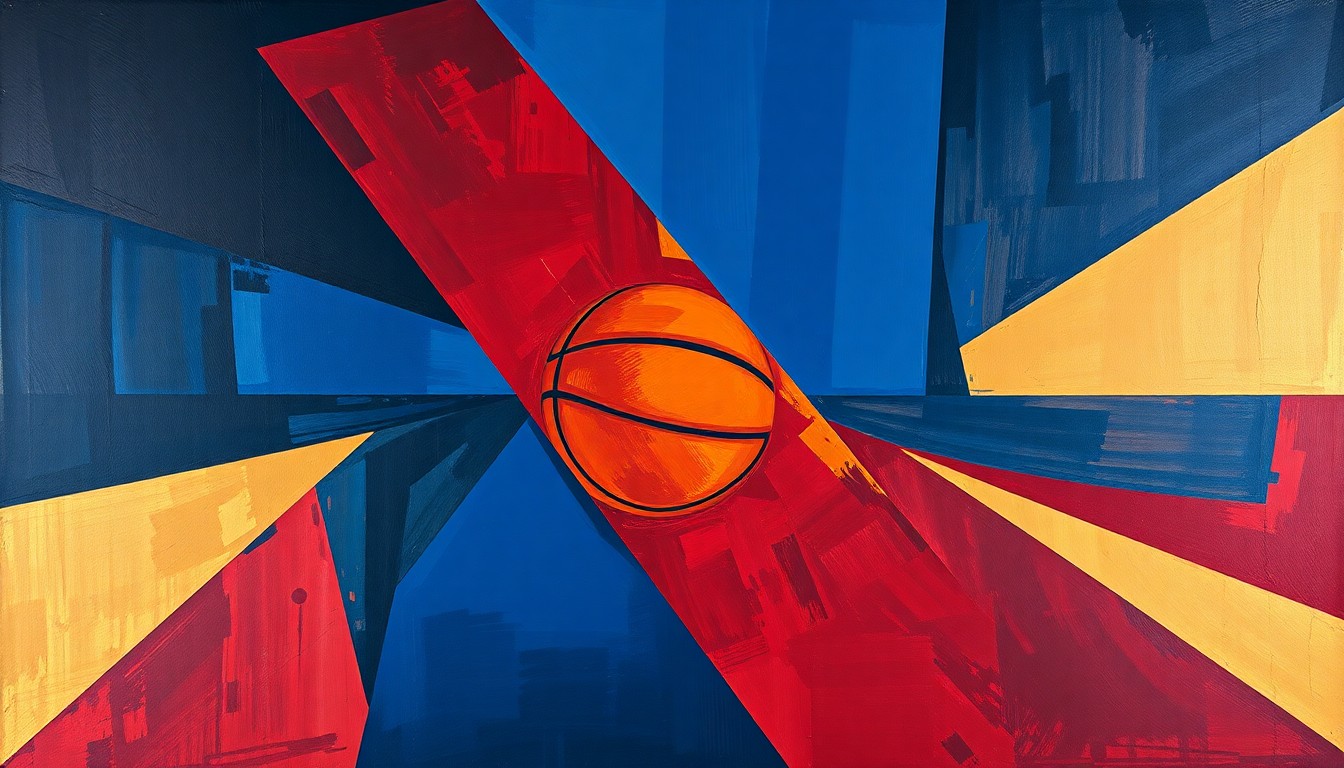 A fragmented, geometric painting depicting a basketball game or match, with sharp planes of navy blue, crimson red, and metallic gold overlapping to create a dynamic, multi-perspective composition.