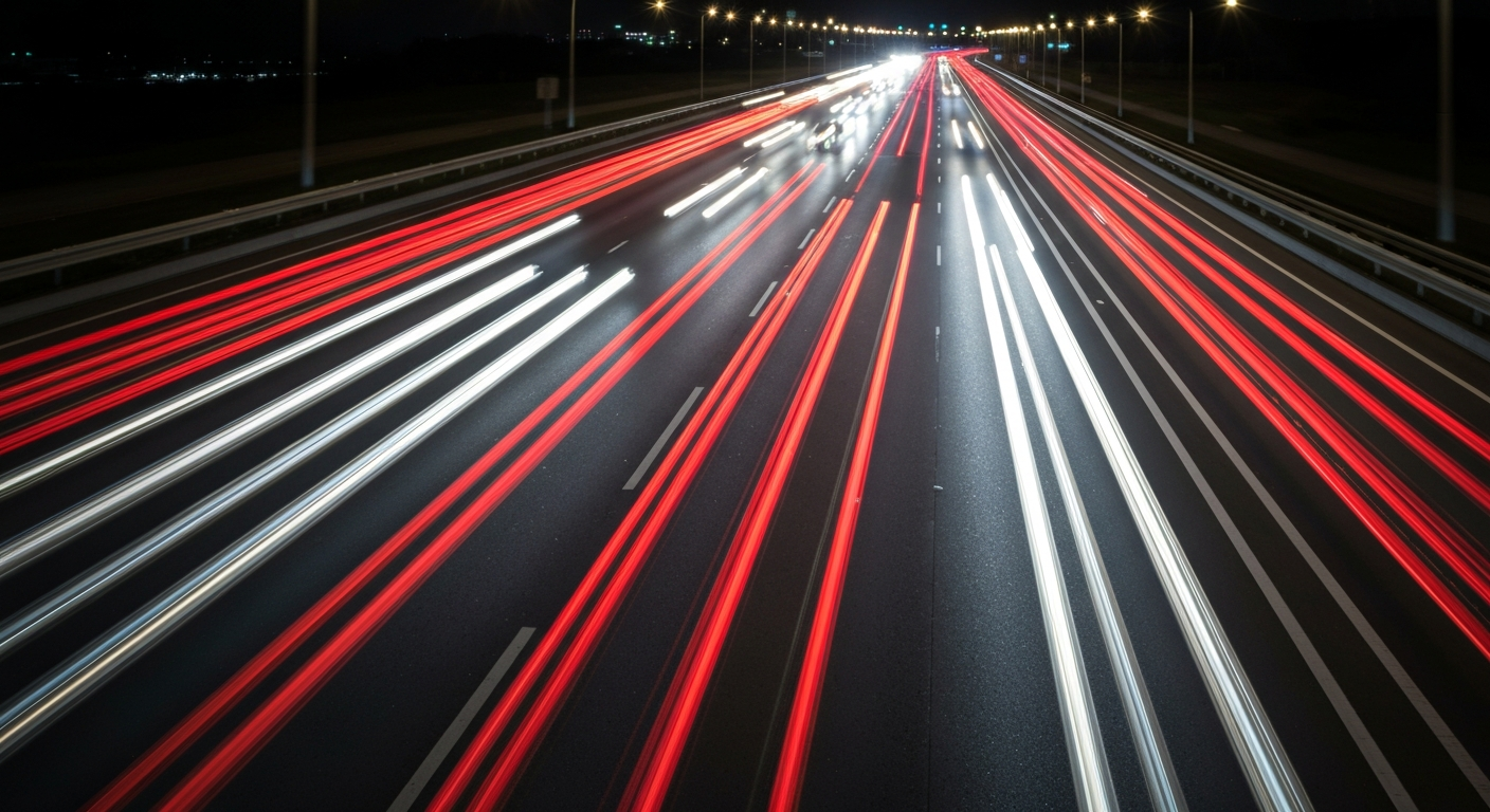 A blurred, abstract photograph of cars driving on a highway at night, with streaks of red and white lights representing the flow of traffic and the sense of motion and speed.