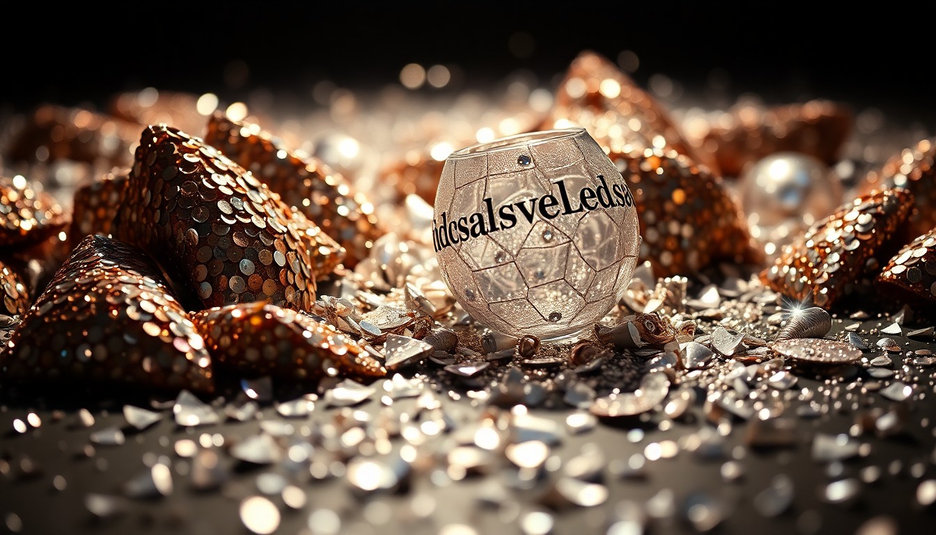 An extreme close-up of sparkling sequins and shattered glass, capturing the glamour and drama of the drag pageant world.
