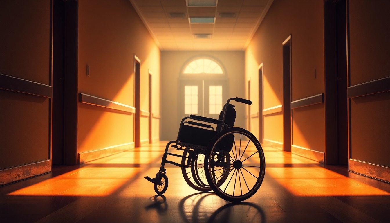 A cinematic painting of a wheelchair resting alone in a sunlit government office hallway, conveying the resilience and dignity of individuals with special needs.