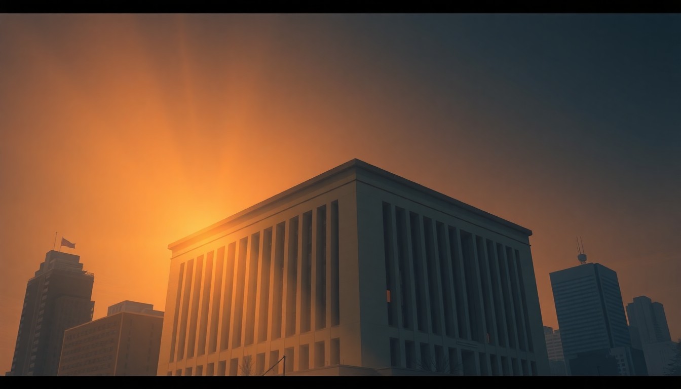 A serene, photorealistic painting of the United Nations Headquarters building in New York City, with the structure bathed in warm, golden light and surrounded by deep shadows, capturing a sense of quiet contemplation and the building's iconic architectural presence.