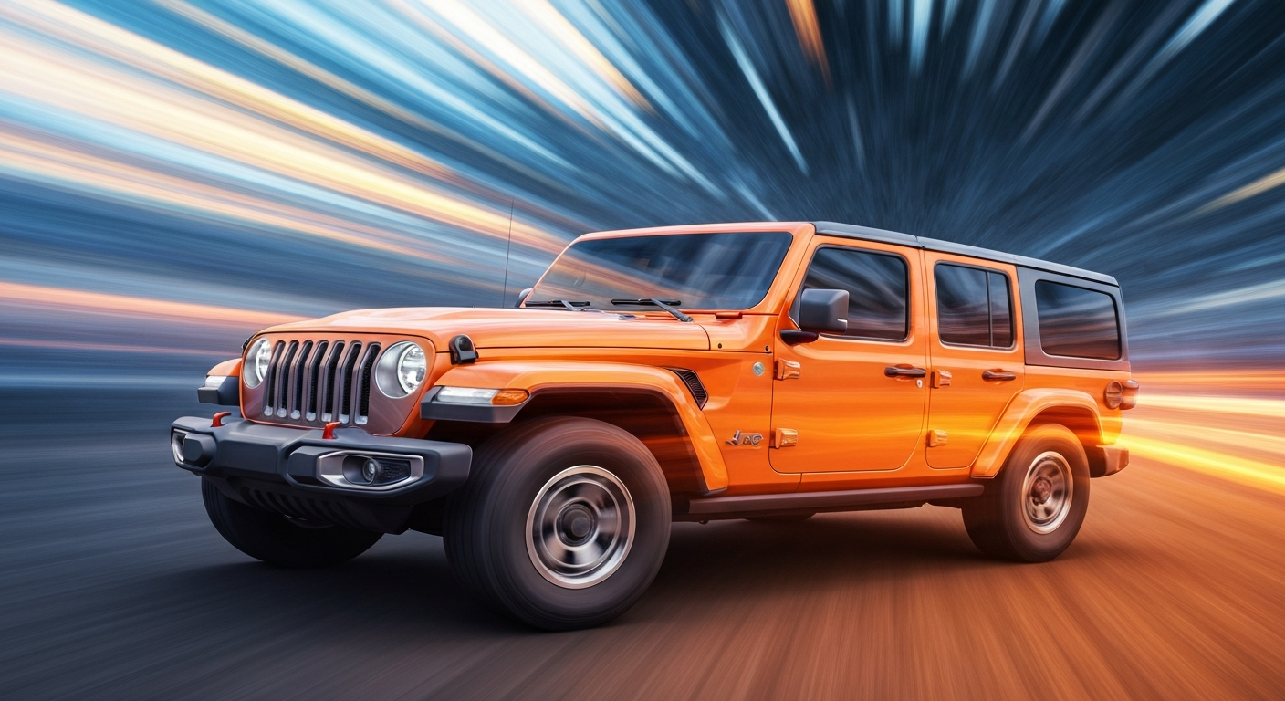 An abstract, blurred image of a Jeep Wrangler in motion, with vibrant streaks of color representing the vehicle's speed and adventurous spirit.